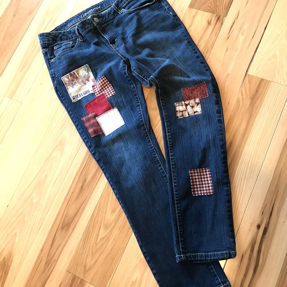 Upcycled Patched Jeans, Handmade Patchwork Wine Theme Hippie Pants Sz 14 Junior